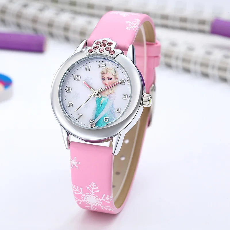 Cute kids' princess watch, Frozen Elsa on dial, soft leather band. A magical children's jewelry gift.