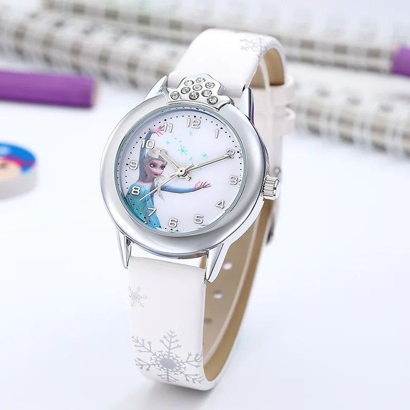 Young girls' princess character watch with iconic Elsa, elegant leather band, and easy-to-read dial.