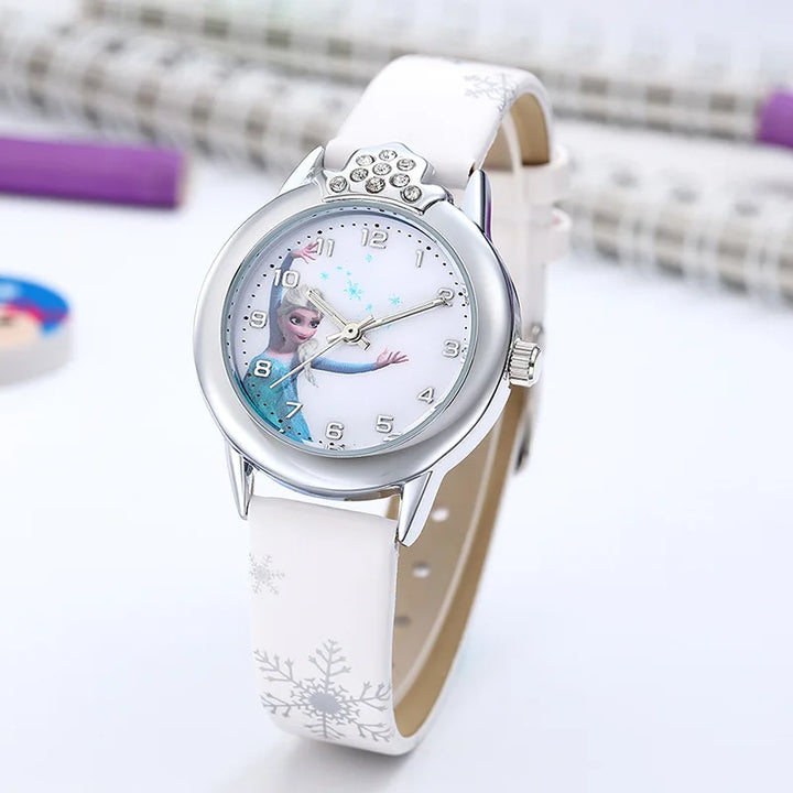 Young girls' princess character watch with iconic Elsa, elegant leather band, and easy-to-read dial.