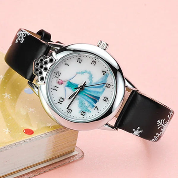 Enchanting Frozen Elsa kids watch with quality leather band, making time-telling fun for children.