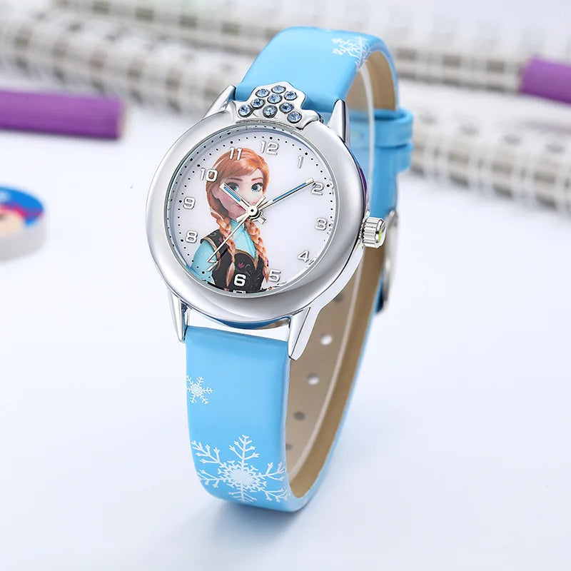Stylish girls' character watch featuring Princess Elsa, a comfy leather band, great gift for kids.