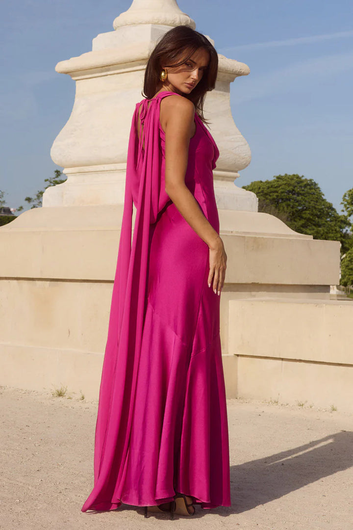 Stunning fuchsia cowl neck maxi dress for women, ideal as a wedding guest dress or for formal occasion wear.