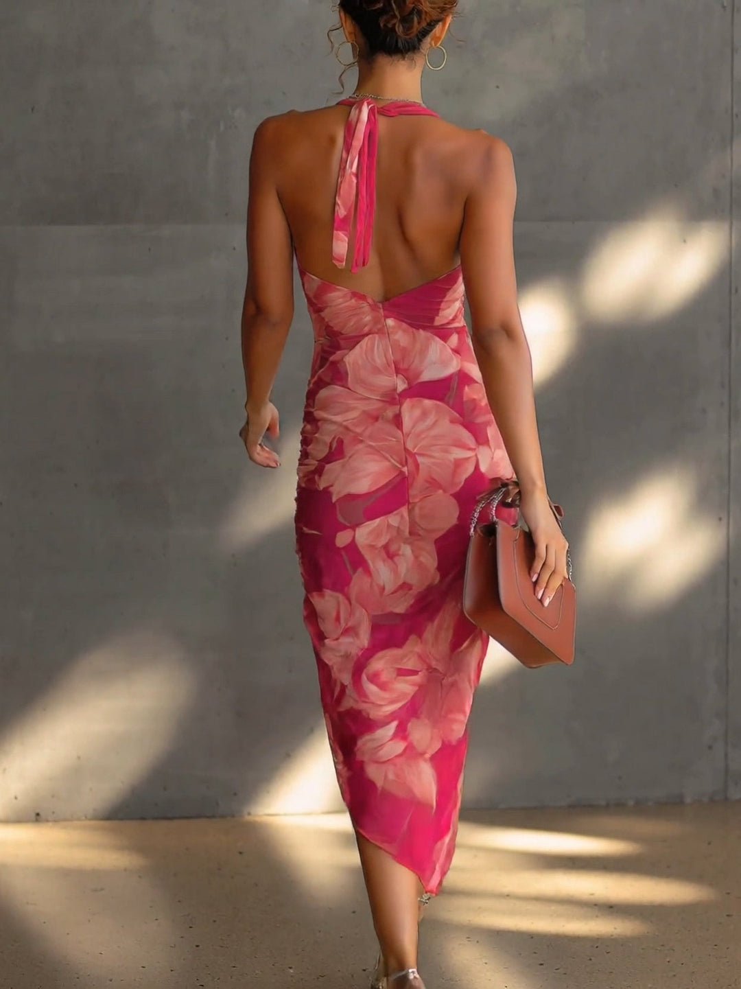 Feminine pleated floral midi dress for women, with a chic cowl neck, ideal as a party or wedding guest dress.