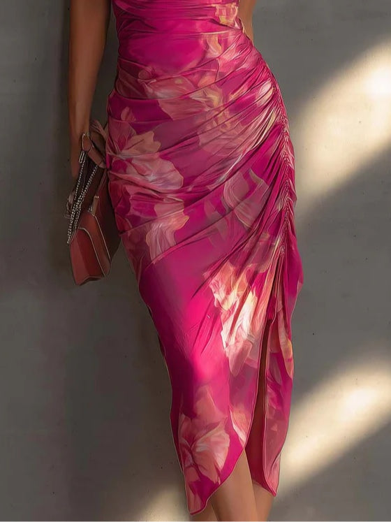 Sleeveless fuchsia floral midi dress for women, with an elegant cowl neck and pleated skirt, perfect summer occasion wear.