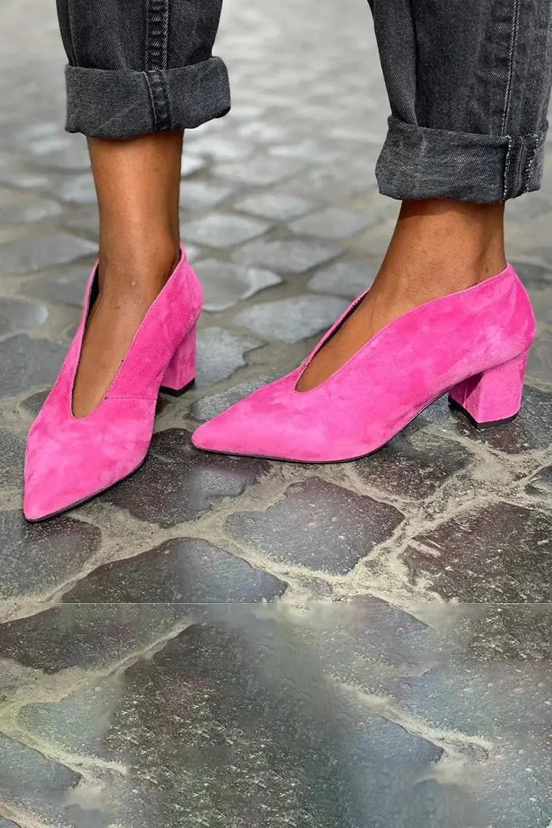Fuchsia women's block heel court shoes with pointed toe; elegant footwear for office or evening.