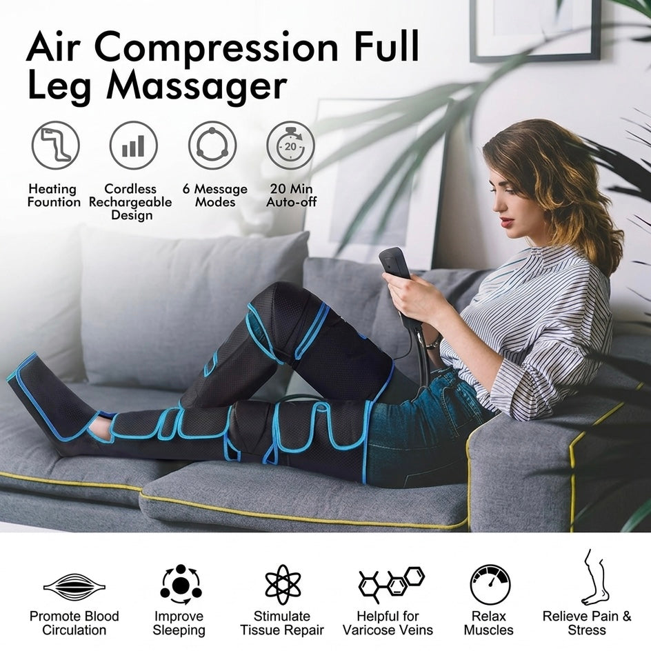 Pain relief leg massager featuring heat & air compression for deep tissue muscle recovery.