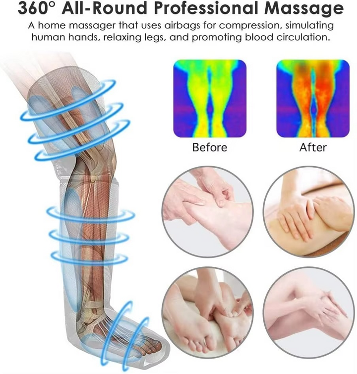Unisex full leg compression massager with knee heat & 6 modes. Improves circulation.