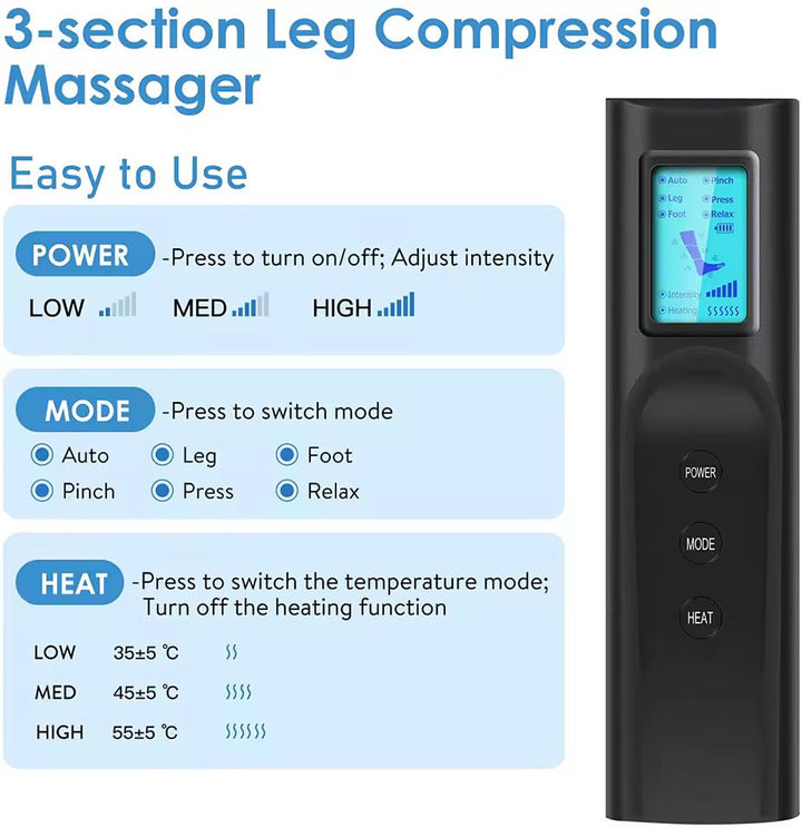 Unisex leg massager with heat, air compression & 6 modes for muscle recovery & relaxation.