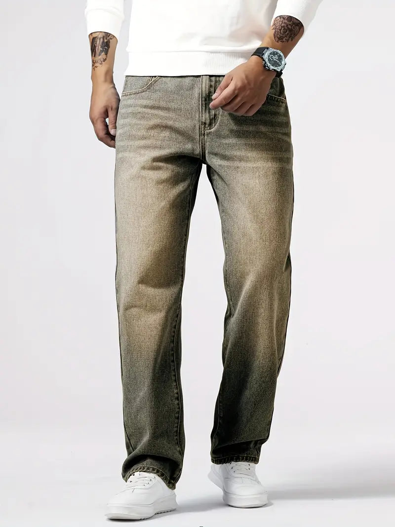 Close-up of comfortable men's stretch denim trousers, highlighting the fabric texture and quality for everyday wear.
