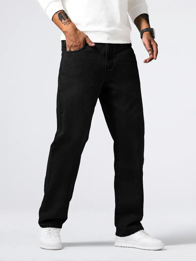 Stylish men's regular fit stretch jeans worn by a model, perfect for a versatile and fashionable look.