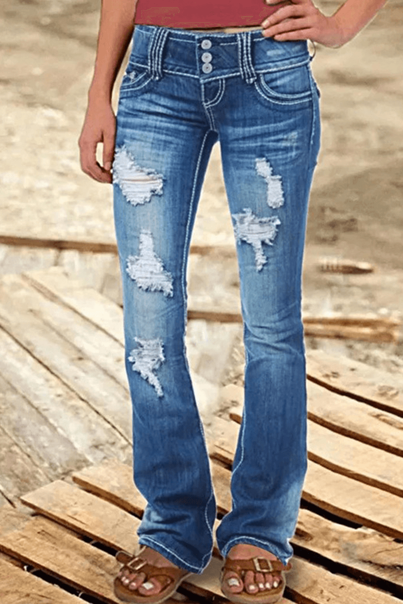 Full shot of Women's Ripped High-Waisted Bootcut Jeans, perfect for trendy casual wear.