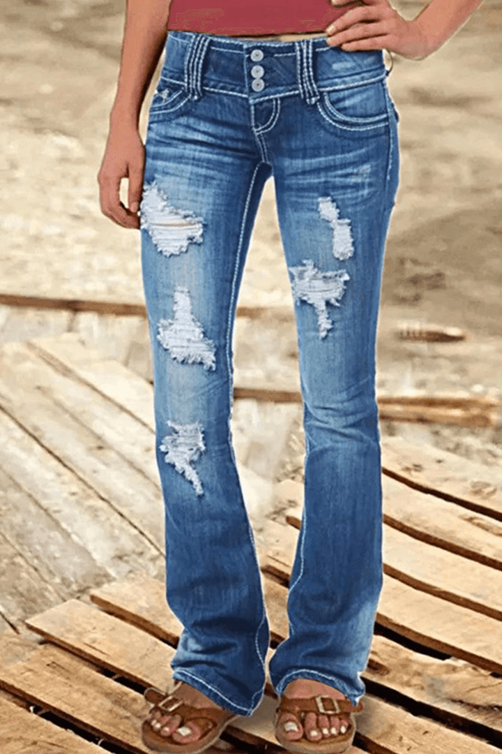 Full shot of Women's Ripped High-Waisted Bootcut Jeans, perfect for trendy casual wear.