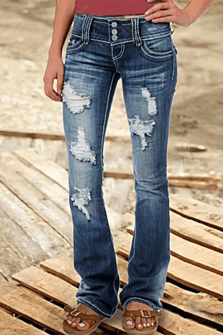 Stylish women's high-waisted bootcut jeans with fashionable rips, ideal for everyday wear.