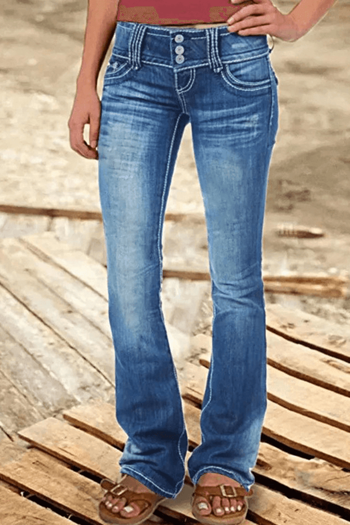 Fashionable ripped high-waisted bootcut jeans for women, a comfortable and stylish casual bottom.