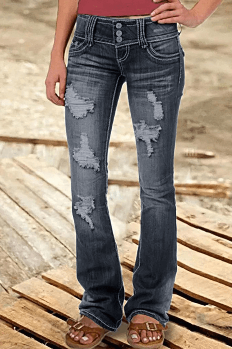 Everyday women's fashion: stylish ripped high-waisted bootcut jeans, a must-have bottom.