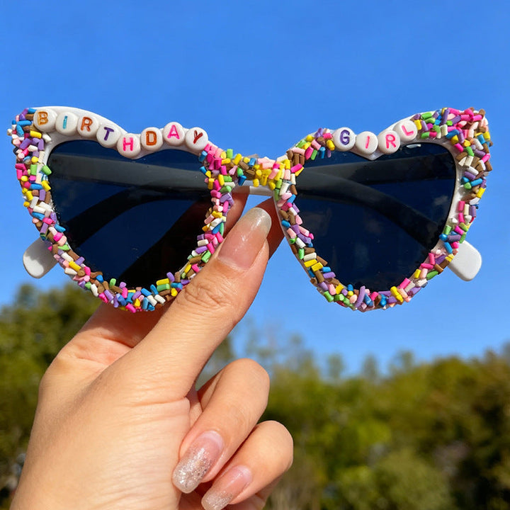 Unique women's birthday party glasses, heart-shaped with UV protection. Fun fashion accessory & great celebration gift.