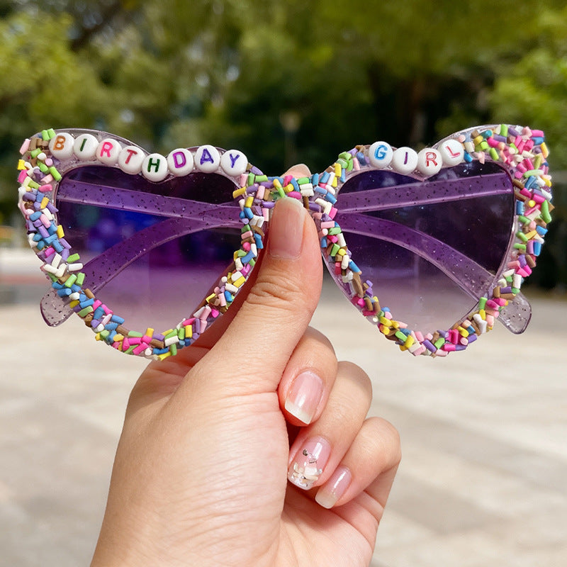 Women's fun heart-shaped birthday glasses with UV protection. Custom design party accessory for any special occasion.