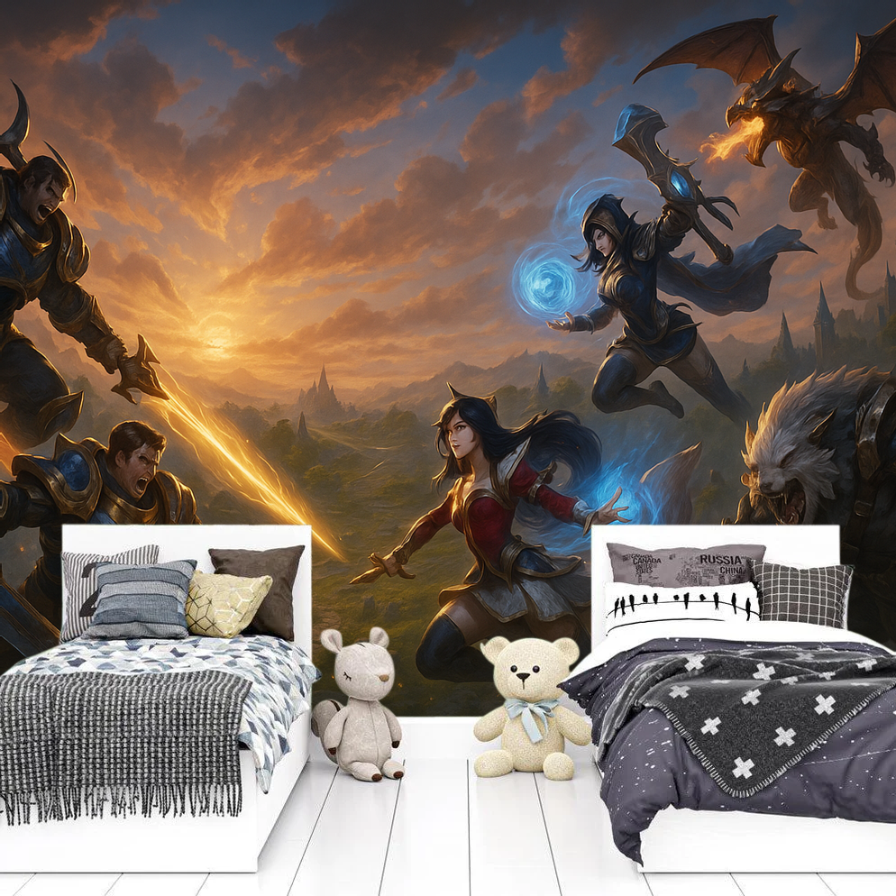 Gamer's Epic Fantasy Battle Wall Mural featuring a dragon & warrior. Peel and stick wallpaper for gaming room decor.