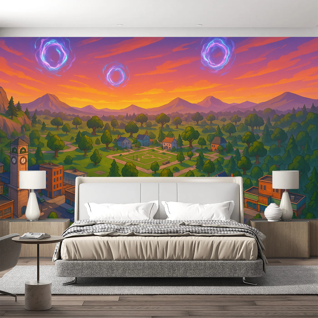 Gamer Wall Mural: Adventure Fantasy Landscape for Gaming Room Decor. Peel and stick digital art wallpaper for bedrooms.