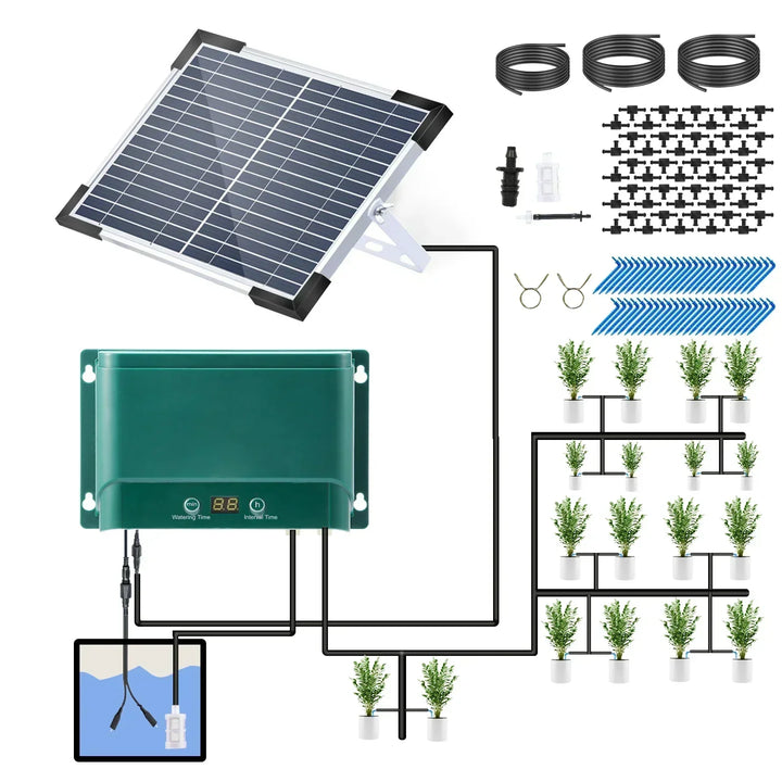 Healthy plants thriving with a hands-free, energy-efficient solar drip irrigation system for gardens.