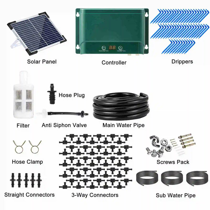 Outdoor solar irrigation system providing precise drip watering for up to 50 plants in your garden.