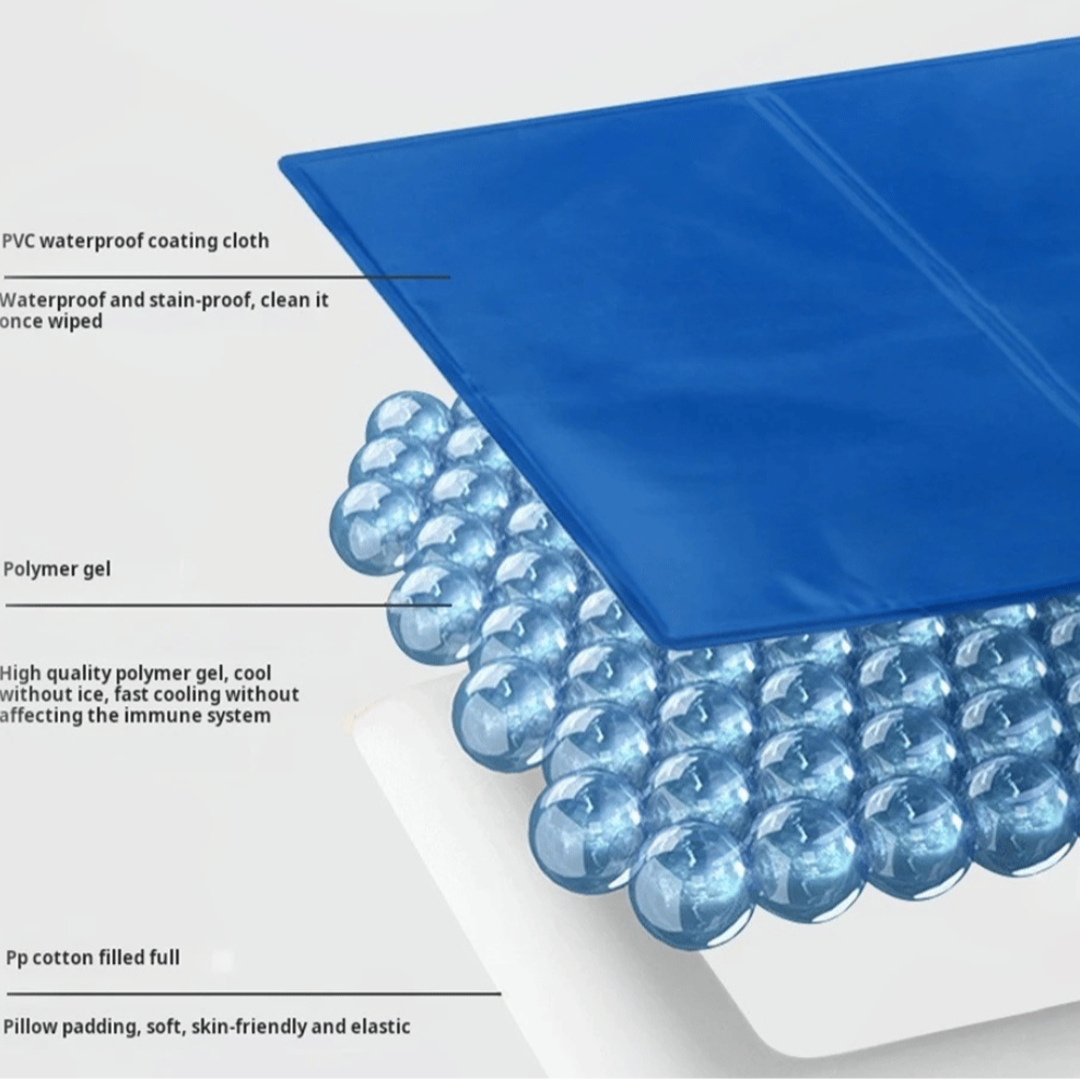 Self-cooling dog mat, no refrigeration needed. Gel pet pad provides instant heat relief for summer.