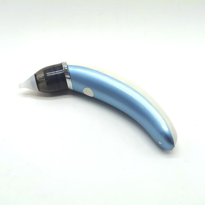 Close-up of gentle electric baby nasal aspirator clearing a newborn's stuffy nose. Essential for infant breathing relief.