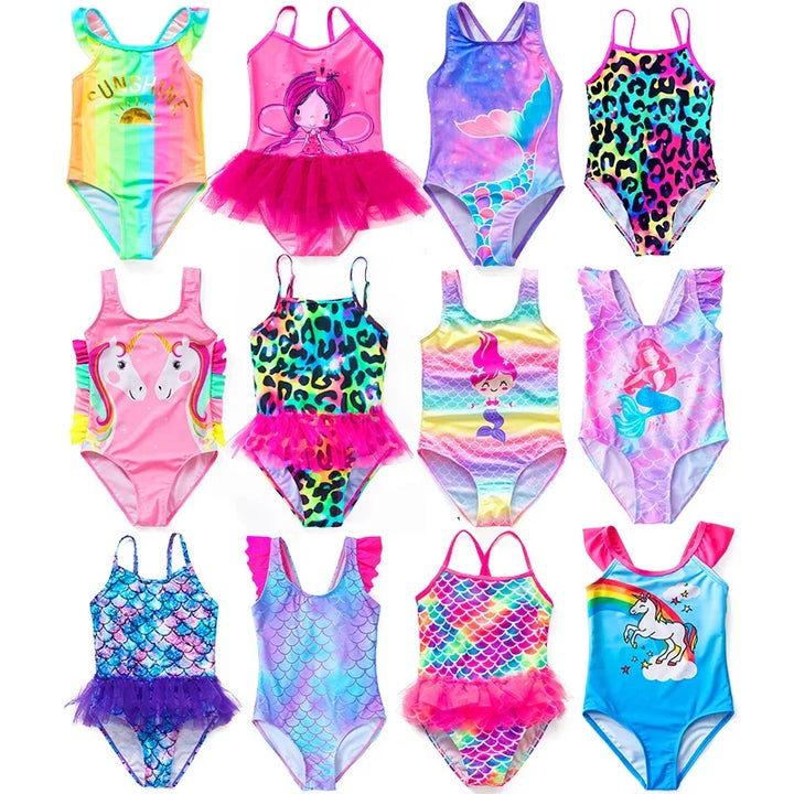 Girls' mermaid unicorn swim outfit, vibrant & stretchy for summer fun, ages 4-8.