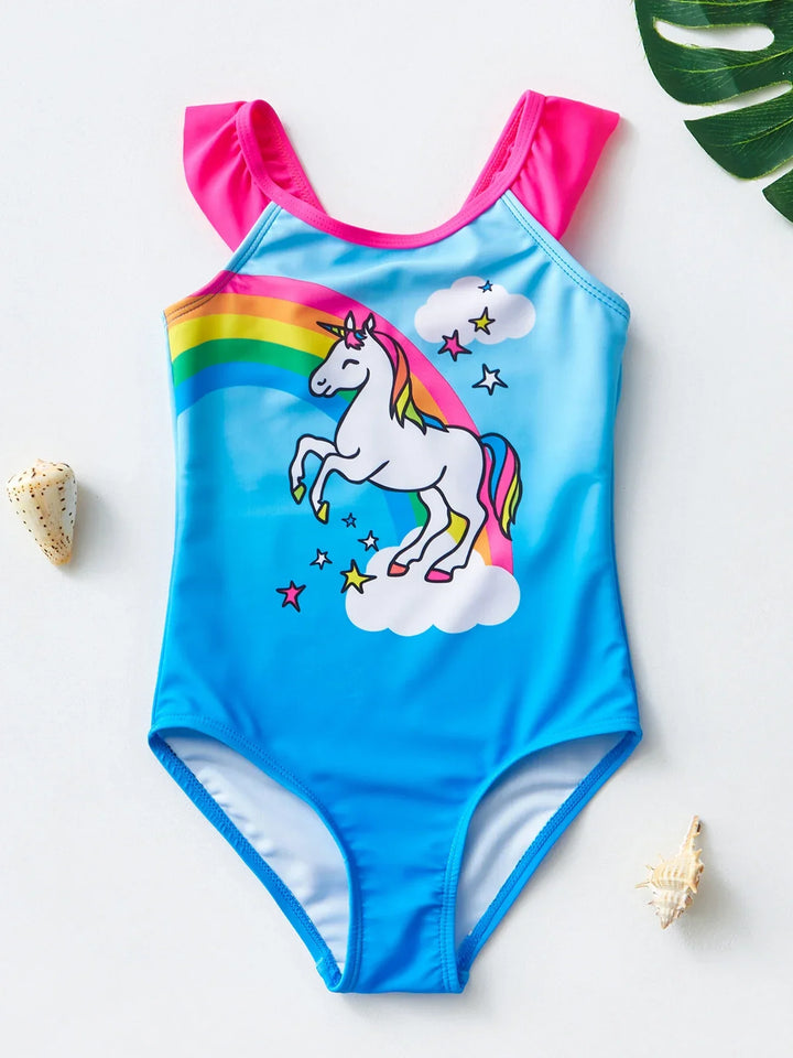 Kids' 4-8 mermaid unicorn swim outfit, stretchy & vibrant for summer adventures.