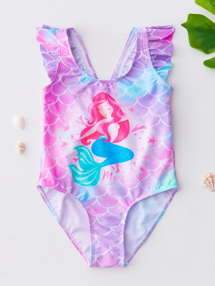 Vibrant girls' mermaid unicorn swimsuit, easy care children's beachwear, ages 4-8.
