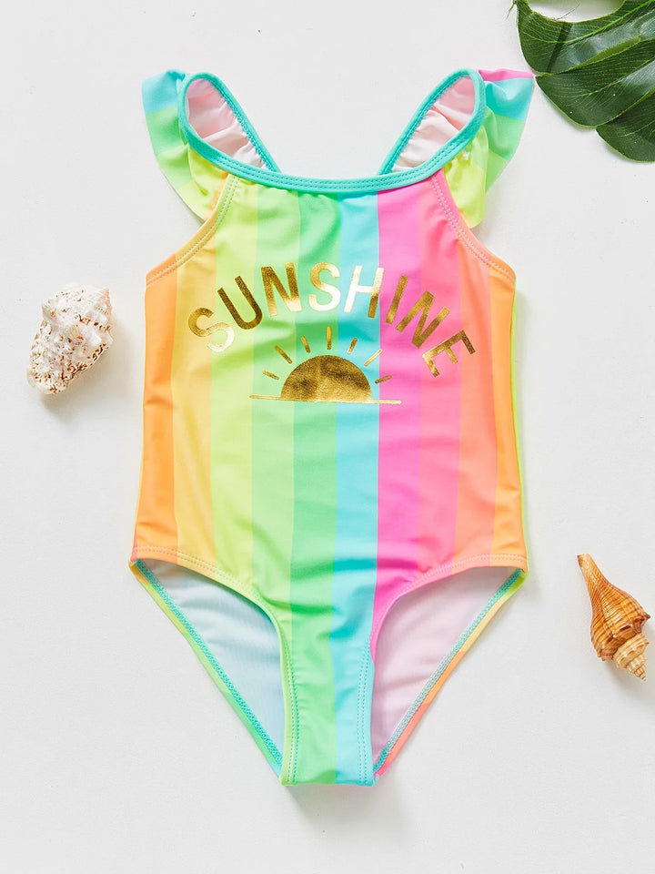 Enchanting kids' mermaid unicorn swim outfit, stretchy & comfortable for ages 4-8.