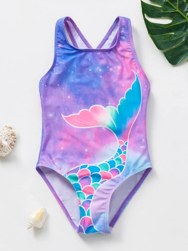 Ages 4-8 girls' vibrant mermaid unicorn swimsuit, ideal for beach & pool play.