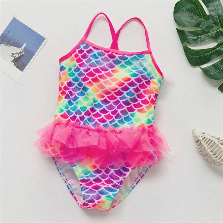 Stretchy girls' mermaid unicorn swim outfit, easy care kids beachwear for ages 4-8.
