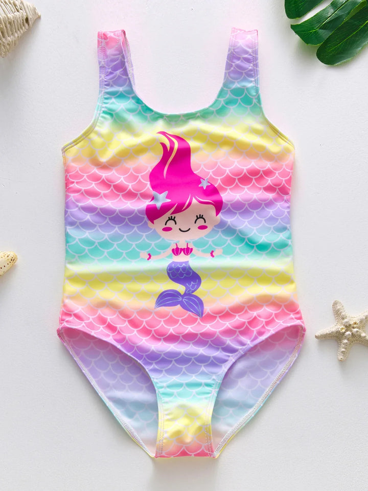 Girls' vibrant mermaid unicorn swimsuit, comfortable kids swimwear for ages 4-8.