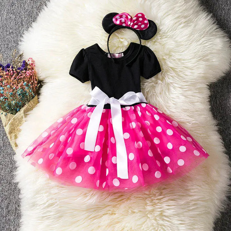 Girls' Minnie Mouse polkadot dress costume with iconic ears headband & bow for kids' dress-up fun.