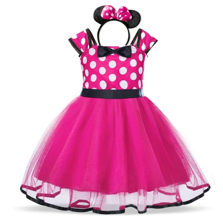 Children's Minnie Mouse character fashion: a playful polkadot dress with a matching ear headband and bow.