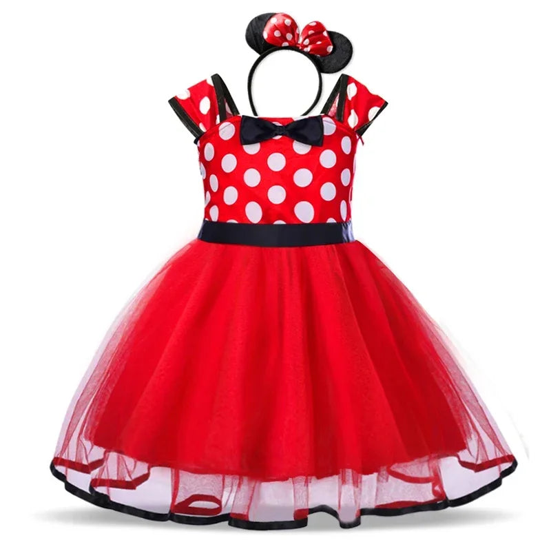 Delightful girls' Minnie Mouse outfit, a red polkadot dress with a classic bow headband for fun.