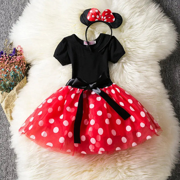 Kids' Minnie Mouse birthday party costume: cute red polkadot dress, classic ear headband & bow set.