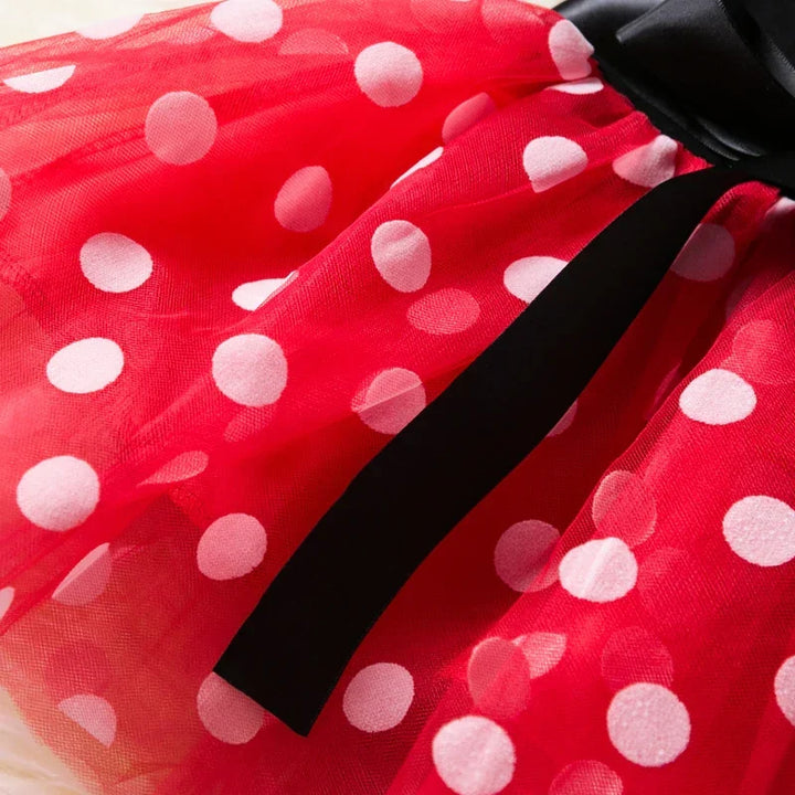 Red & white polkadot Minnie Mouse dress-up costume for girls, complete with black ear headband & bow.