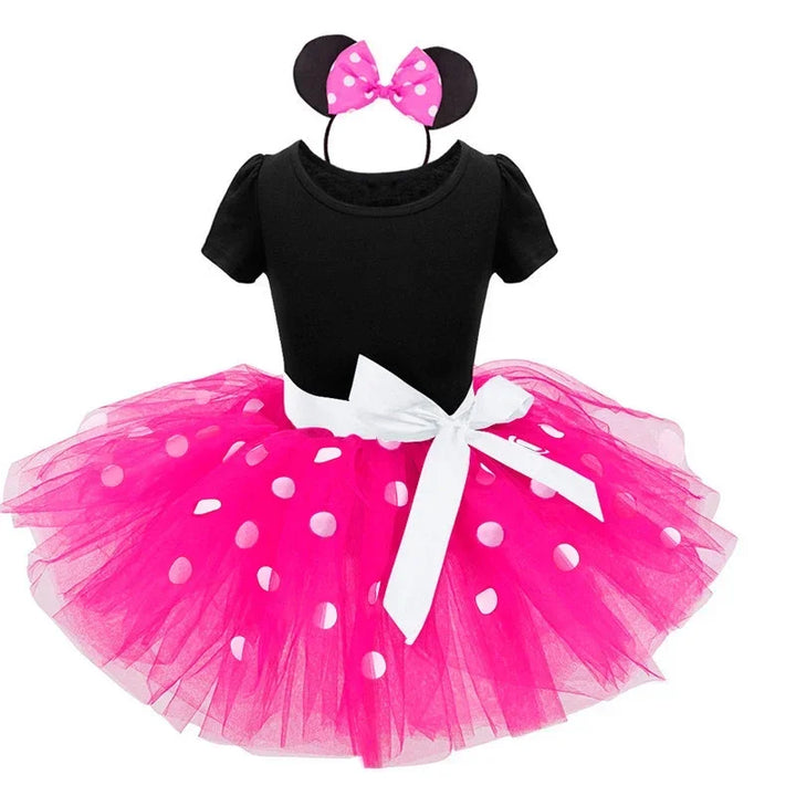 Girls' Minnie Mouse fancy dress costume: red polkadot dress with a black ear headband and bow detail.