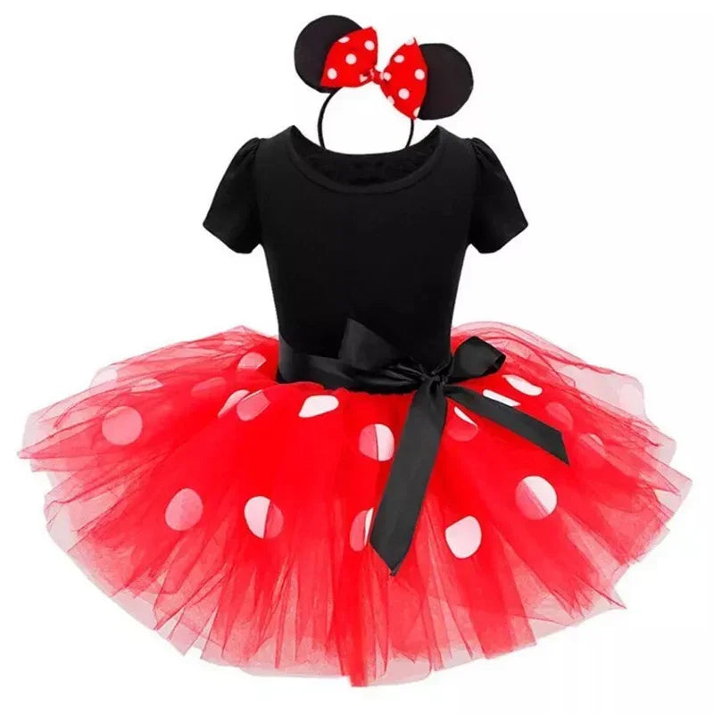 Toddler girl's Minnie Mouse dress-up set, including a cute polkadot dress and a bow ear headband.