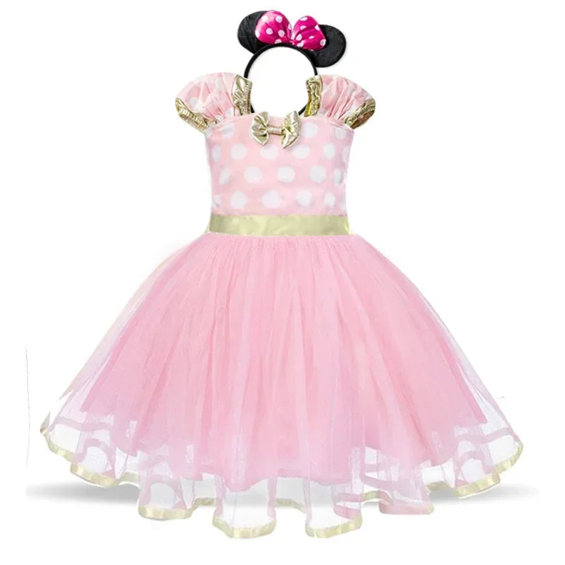 Complete girls' Minnie Mouse outfit: red polkadot dress, iconic ear headband, and bow for parties.