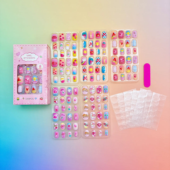 Girls' playful cartoon nail art sticker set for fun, easy DIY manicures.