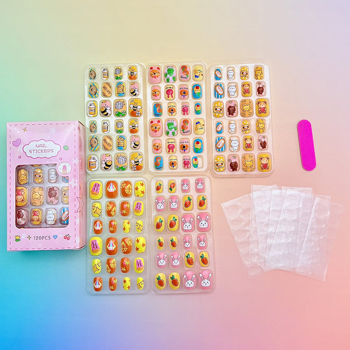 Girls' nail art sticker pack with diverse playful cartoon characters.
