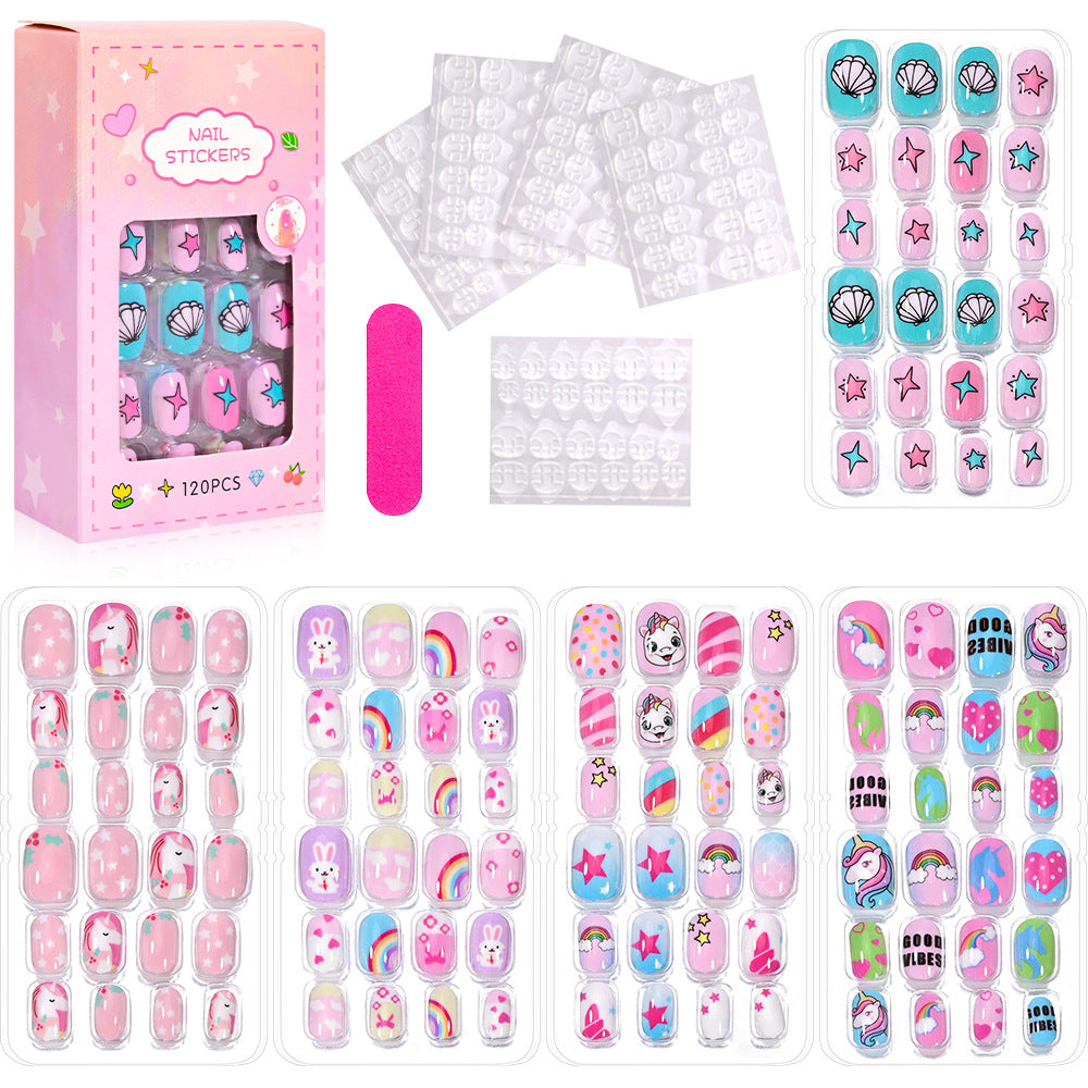 Self-adhesive cartoon nail stickers for effortless and colorful girls' nails.