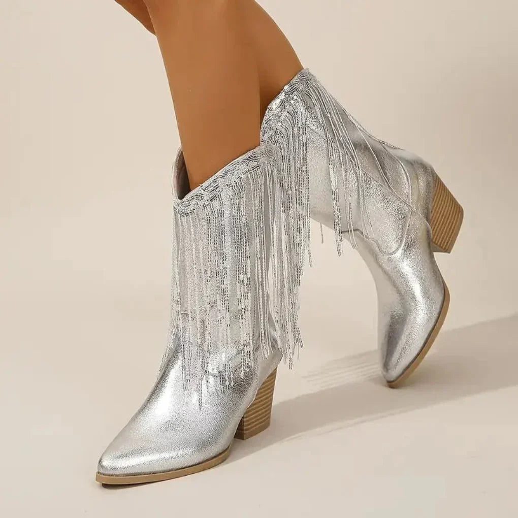 Girls' shimmering tassel ankle boots with side zip, platform heel, and round toe for elegant kids fashion.