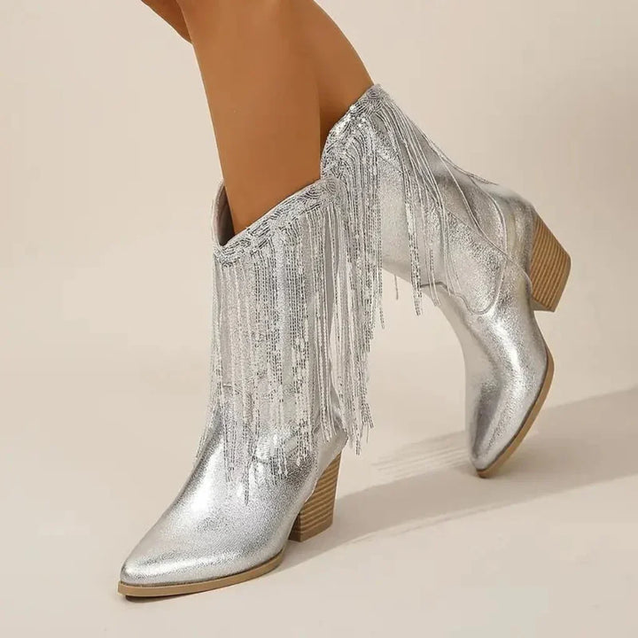 Girls' shimmering tassel ankle boots with side zip, platform heel, and round toe for elegant kids fashion.