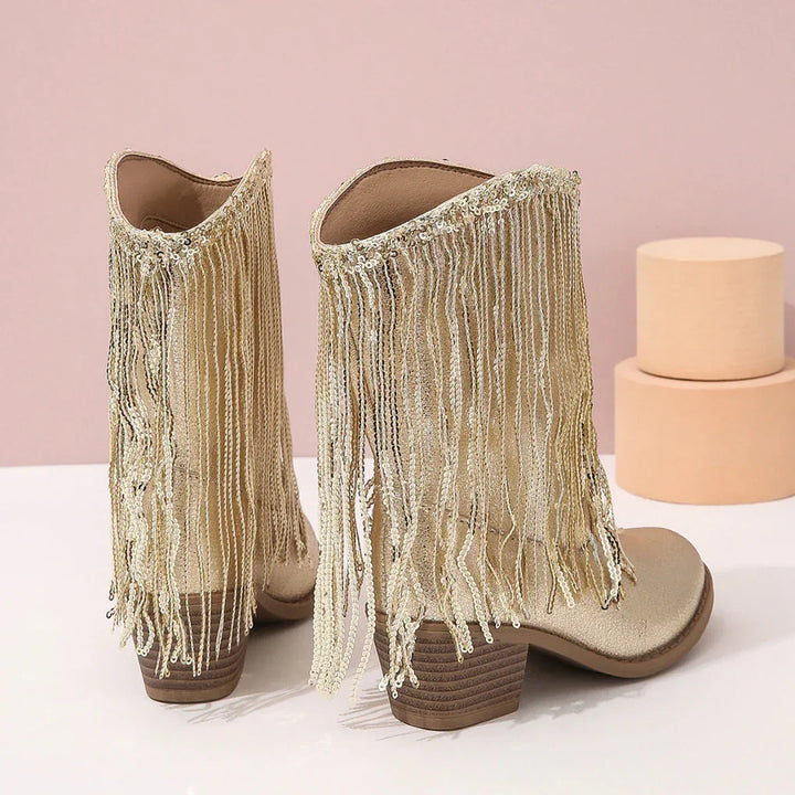 Sparkly children's ankle boots featuring stylish tassels & comfortable round toe, perfect for fashionista girls.