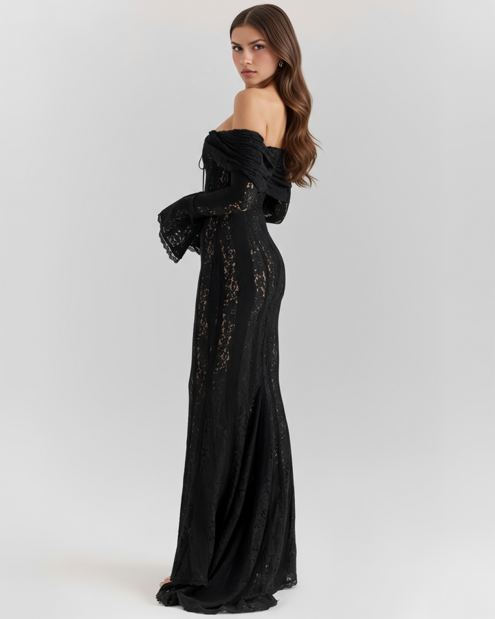 Stunning fitted women's dress: black crystal sequin off-shoulder design with sophisticated bell sleeves.