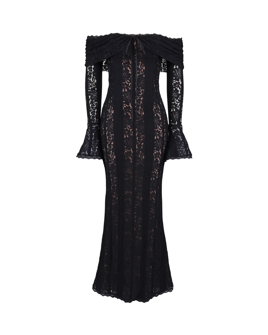 Women's glamorous black crystal sequin off-shoulder formal dress with bell sleeves, ideal for special events.